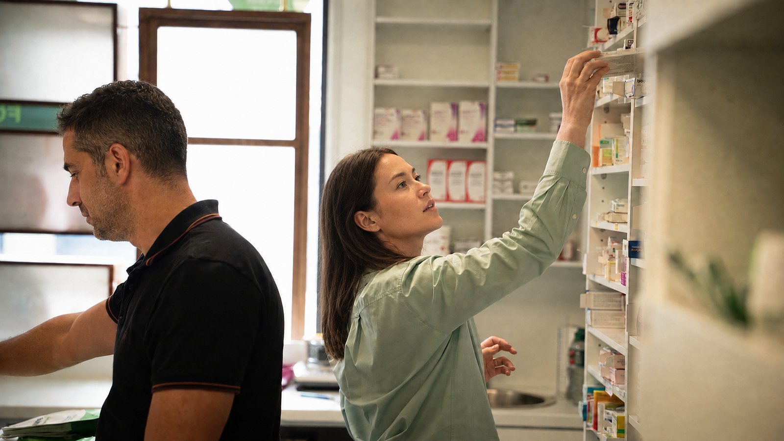 Pharmacy staff restocking the dispensary shelves before opening, one reaching for a box from the top shelf.