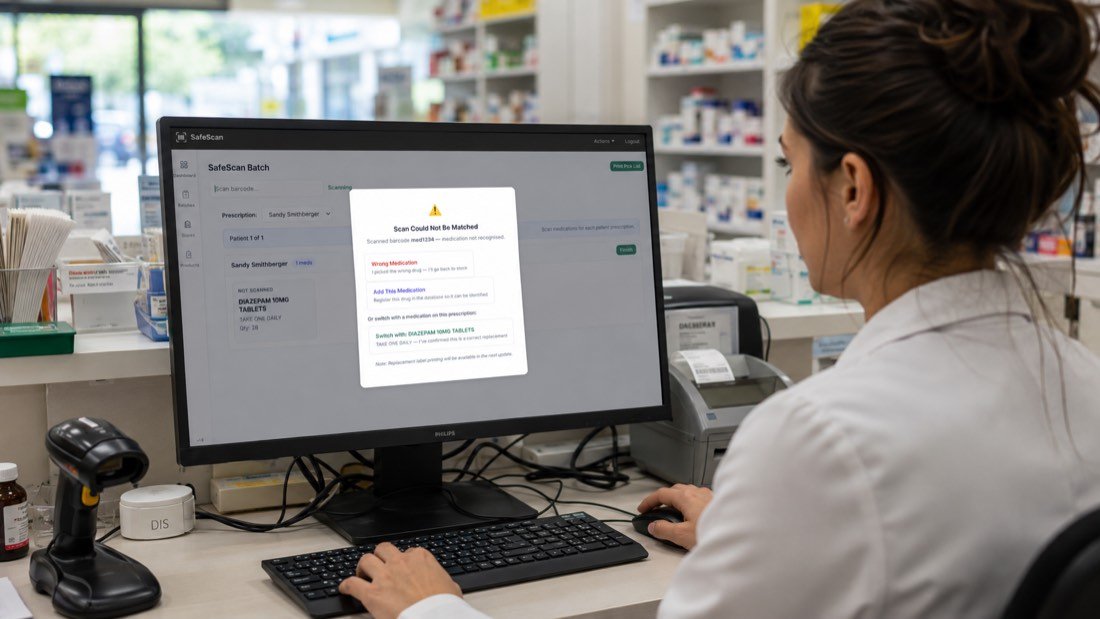 The SafeScan batch screen at the bench, showing a scanned pack that could not be matched to the prescription.