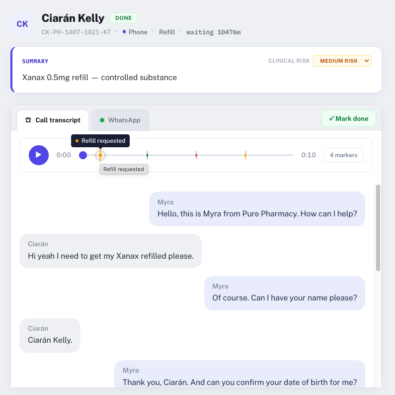 A call transcript with timeline markers and a risk tier